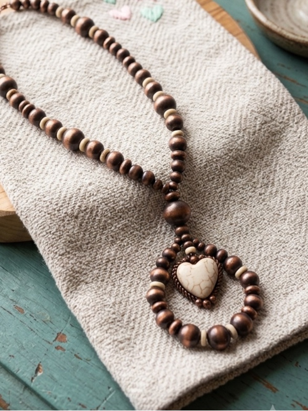 Copper Beaded Heart Pendant Necklace 🤎